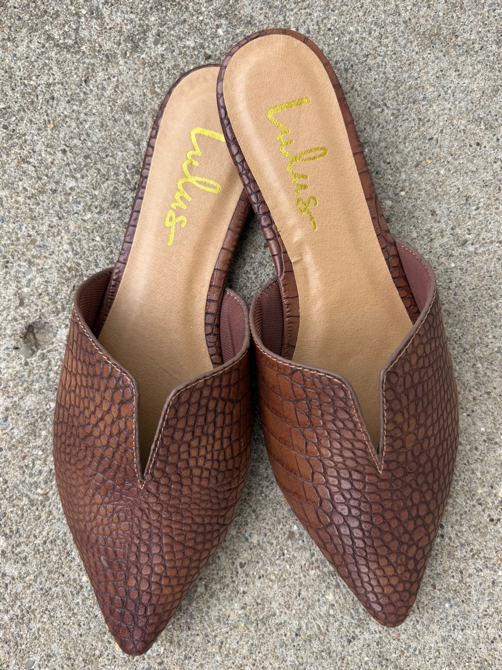 Lulu's Jaelyn Brown Croc-Embossed Vegan leather Pointed Toe Mules Size 6.5 - Picture 2 of 4